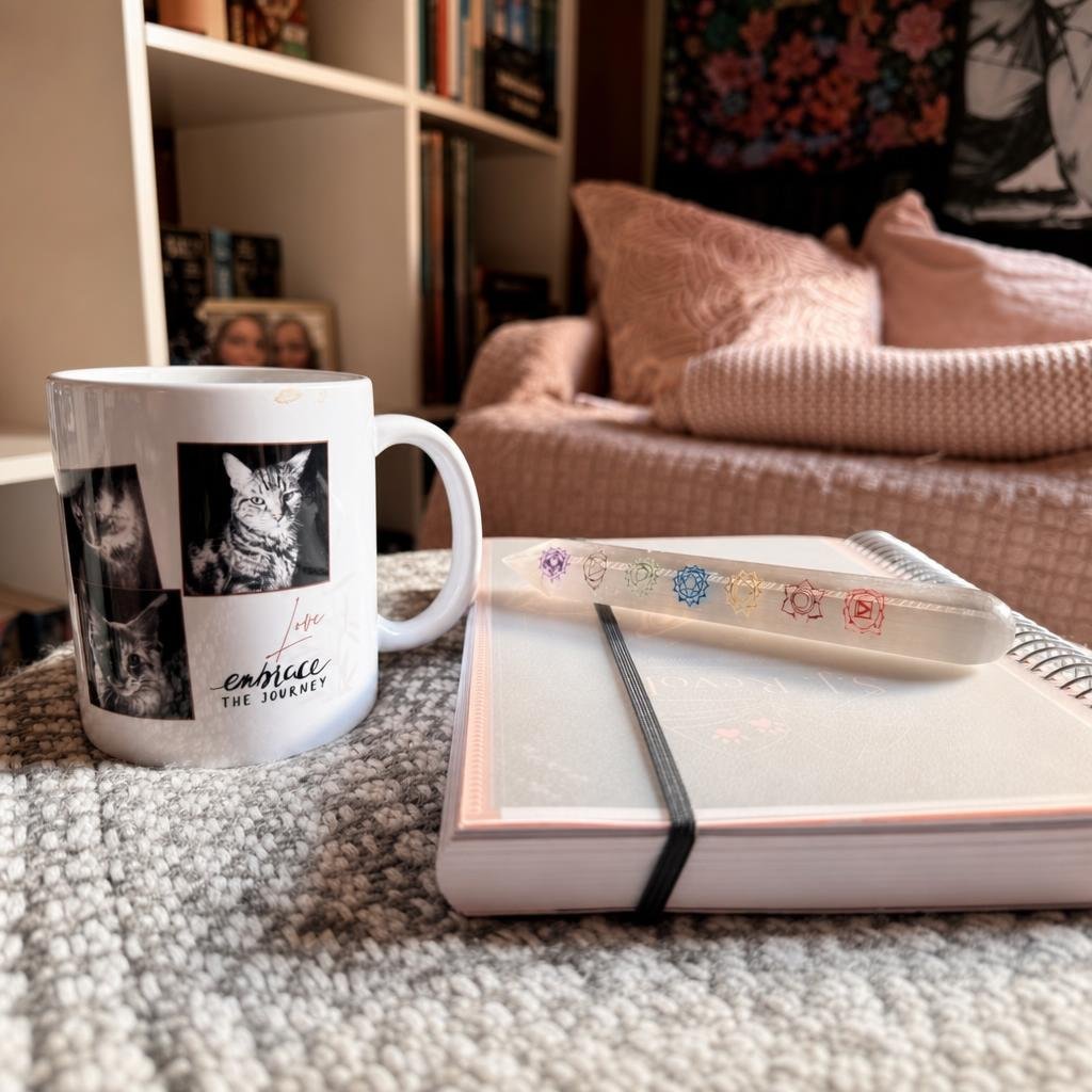 Carnet, mug et cristal dans une ambiance d’écriture cosy pour S.J. Revol